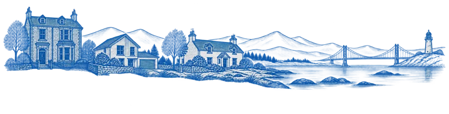 Scottish homes, hills, coast and lighthouse